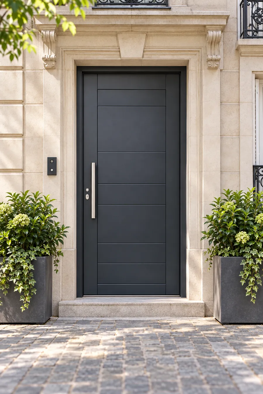 Porte blindée anthracite posée dans l'entrée d'un immeuble en pierre à Puteaux